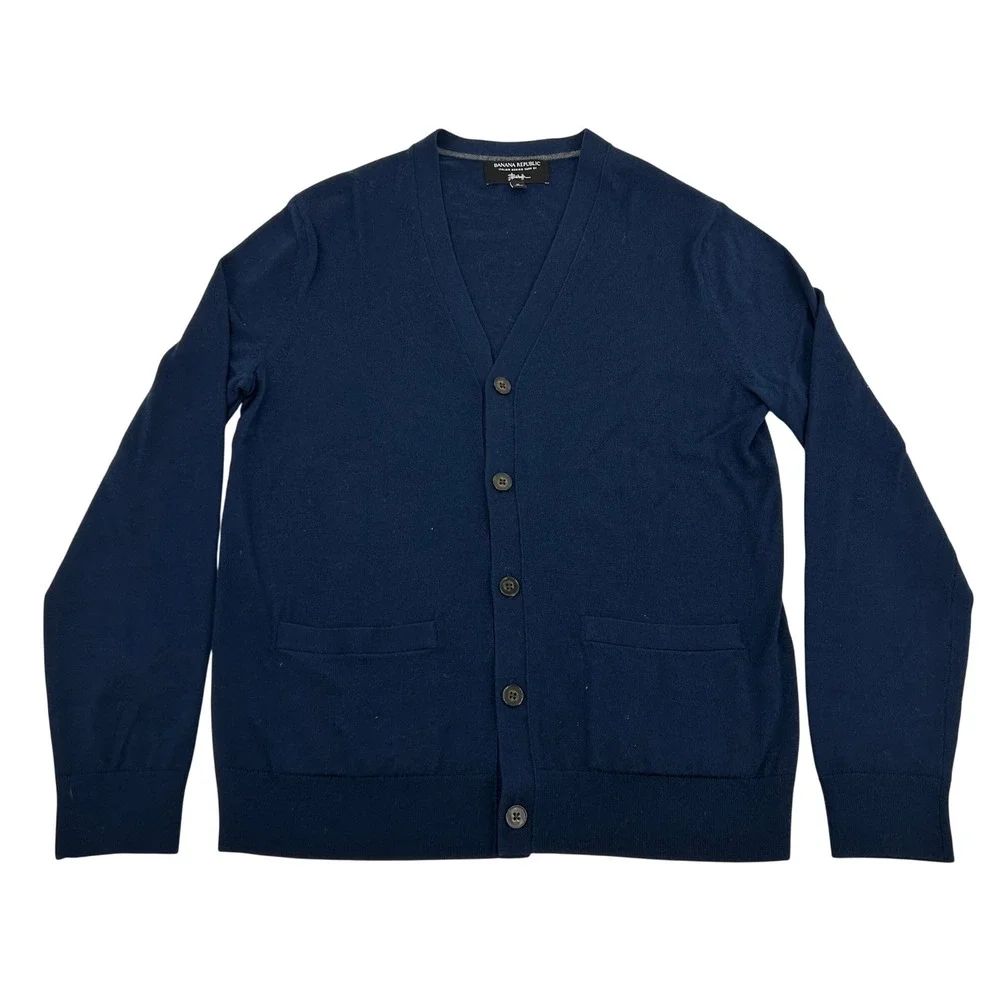 Banana Republic Cardigan Sweater Mens M Navy Blue Baruffa Italian Merino Wool